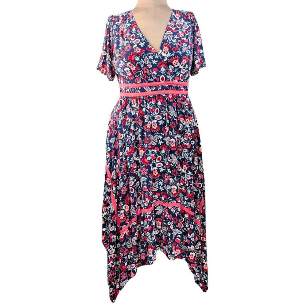 Boden Women's 10 Blue Floral Asymmetrical Hem V-Neck Cap Sleeve Dress